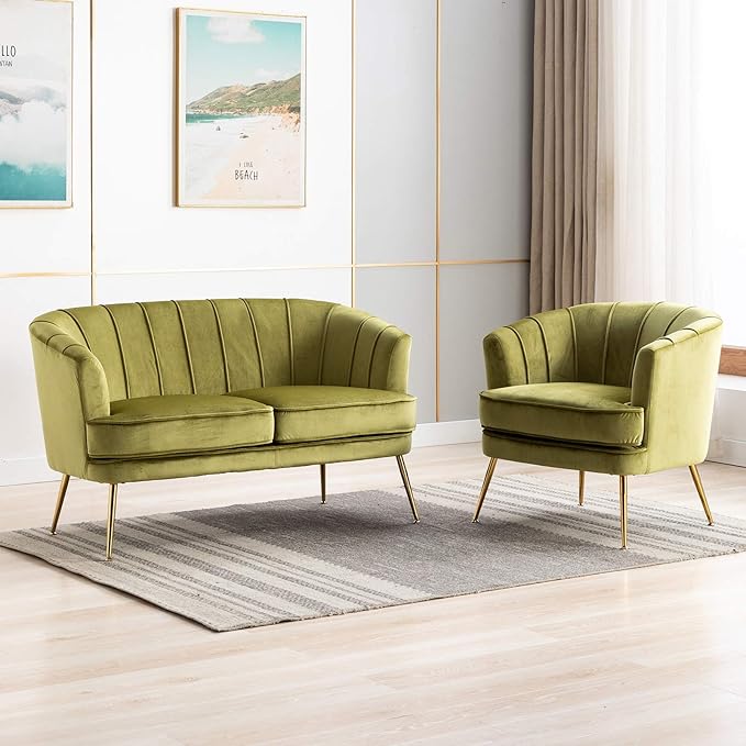 Artechworks Contemporary Velvet Loveseat Chair with Gold-Finished Metal Legs 2-Seat Sofa for Living Room Bedroom Home Office Grass Green