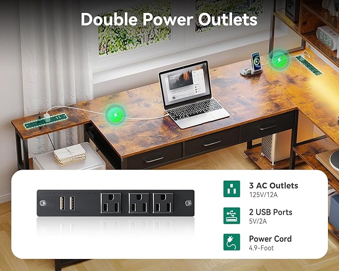 AODK 79 inch L Shaped Desk with 5 Drawers Reversible L Shaped Gaming Desk with LED Light &amp 2 Power Outlets Computer Desk with Storage Shelves for Home Office Vintage