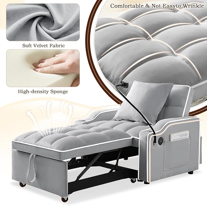 3-in-1 Convertible Sleeper Sofa Bed Chair with Cup Holders &amp Phone Holder Futon Chair Bed with Pull Out Couch Adjustable Backrest Modern Velvet Chaise Lounge for Living Room Bedroom (Grey 35.43