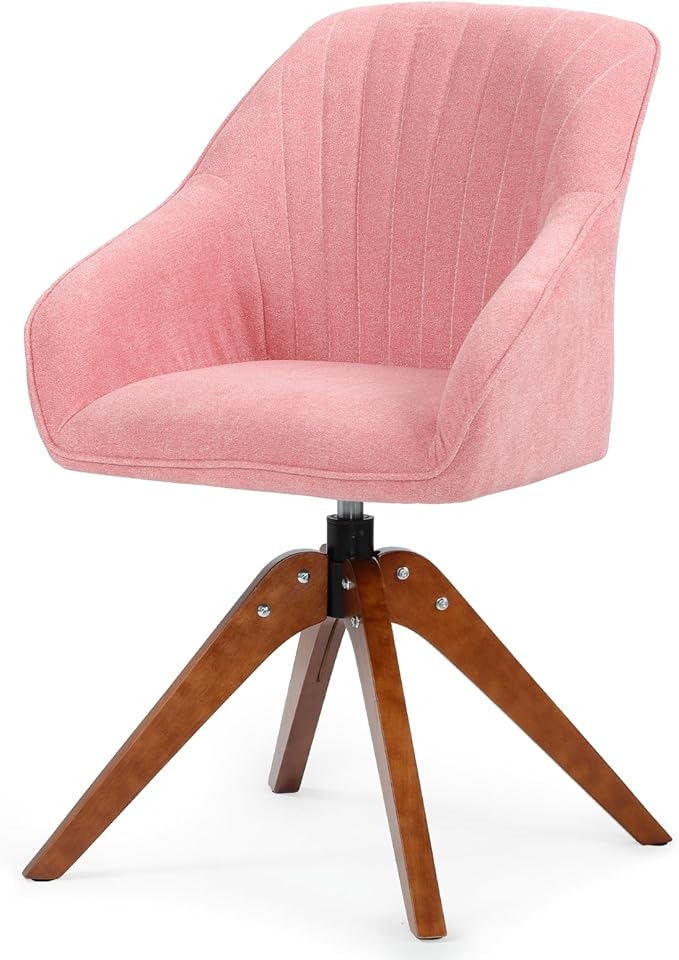 Athena Collection Swivel Modern Accent Chair Linen Upholstered Armchair Office Desk Chair No Wheels with Wooden Legs Comfy Vanity Chair Reading Chair for Bedroom Living Room Office Pink