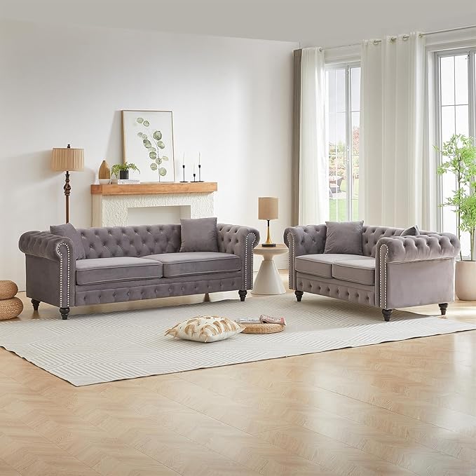 Modern Chesterfield Sofa Couch 63.5-inch Velvet Fabric Loveseat Sofa with Rolled Arms and Tufted Button for Living Room Office Light Grey