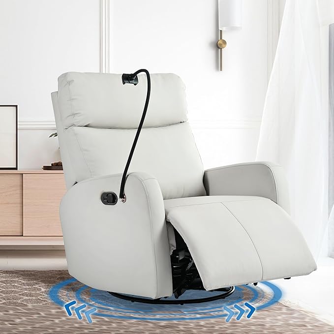 Swivel Rocker ReclinerNursery Glider ReclinerUpholstered Rocking Recliner Chair with Phone Holder PU Rocking Reclining Sofa for Living Room Gray (360°Swivel)