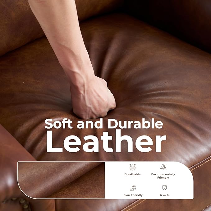 Pushback Recliner Chair with Massage and Heating Breathable Leather Recliner Chair with Overstuffed Backrest and Rivet Decoration Single Sofa Accent Chair for Living Room Light Brown