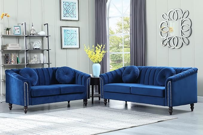 Chesterfield Sofa Set Luxurious Velvet Chesterfield Settee Couch SetSofa and Loveseat SetUpholstered Rolled Arm with Rivets/4 Button Tufted Pillow Modern Sofa Living Room SetBlue