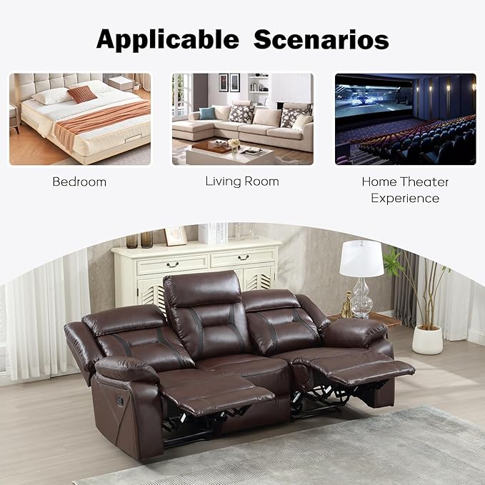 EBELLO Faux Leather Manual Reclining Sofa 3 Seat Recliner Sofa Chair Couch Furniture for Living Room Furniture Meeting Room Dark Brown (3 Seat Sofa)