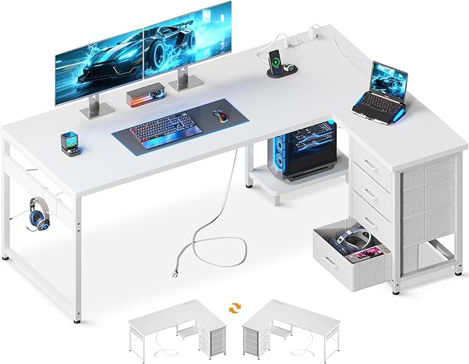 AODK L Shaped Gaming Desk with 4 Drawers 61 Reversible Home Office Desks with Power Outlets L Shaped Computer Desk with USB Charging Port and Host Stand Corner Desk Easy to Assemble White