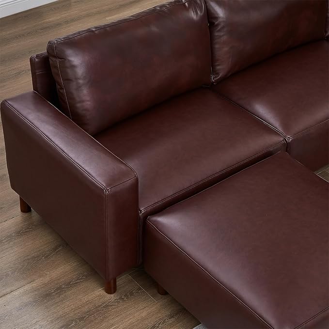 Mid-Century Modern Sofa with Movable Ottoman PU Leather 3-Seater Couch with Solid Wood Legs Lounge Comfy L-Shaped Sofa Upholstered Modular Sectional Couch for Living Room Bedroom(112W Burgundy)