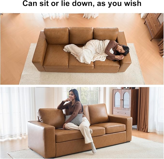 ABCASA 85 Sofa Couches for Living Room Faux Leather Sofa 3-Seater Comfy Modern Couch for Apartment OfficeBrown