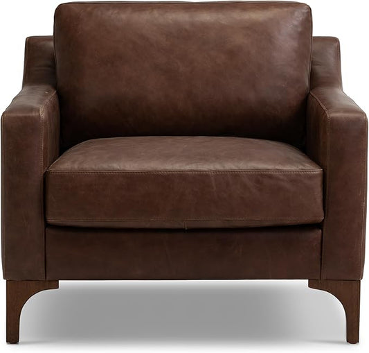 Poly &amp BARK Sorrento Leather Lounge Chair – Full-Grain Chocolate Brown Leather Upholstery with Feather-Blend Cushions – Modern Upholstered Accent Chair for Bedroom or Living Room – Lounge Seating
