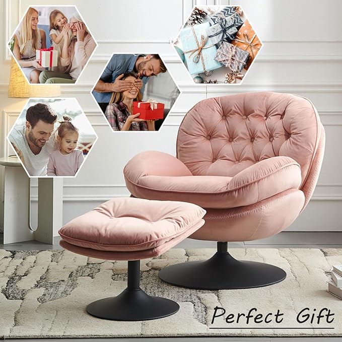 Swivel Accent Chair with Ottoman Set Velvet Modern Lounge Chair with Metal Base Frame &amp Footrest Comfy Lazy Single Leisure Armchair Reading Chair with 360 Swiveling For Living Room/Bedroom/Pink
