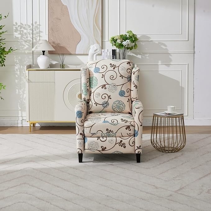 Push Back Recliner Chair with High Back Blue Floral Print Fabric Upholstery Classic Wing Back Design 250 LBS Capacity (Beige)
