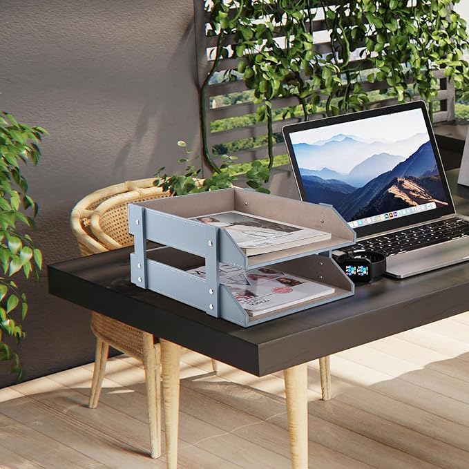 Leather Desk Letter TrayOffice Supplies Paper Organizer for Mail Paper Files Magazines Jewelry CosmeticsFashion Letter Holder&amp 2-Tier Multipurpos Stackable Office Desktop Storage BoxGrey