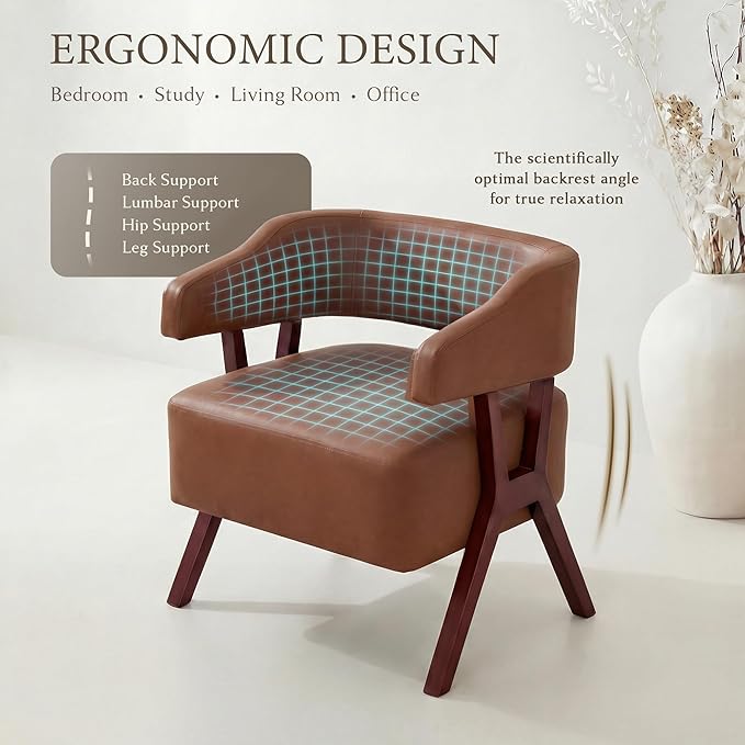 STHOUYN Leather Accent Chairs Barrel Chair with Solid Wood Frame Mid-Century Modern Wooden Armchair with Wraparound Back Comfy Office Reading Chair for Living Room Bedroom (2 Brown)