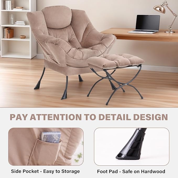 Tiita Lazy Chair with Ottoman Khaki Modern Large Accent Chair Comfy Leisure Sofa Armchair with Ottoman Reading Chair with Footrest for Bedroom Living Room Dorm Rooms Velvet Khaki
