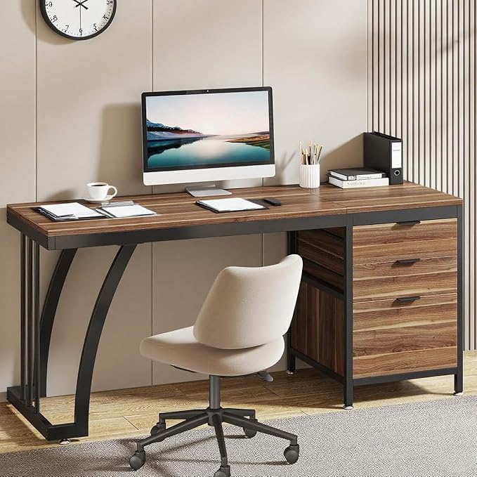 59'' Industrial Computer Desk with 3 Reversible Drawers Writing Workstation with File Storage for Home Office or Study Walnut