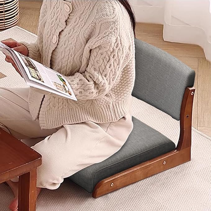 Floor Chair with Back Support Legless Wooden Tatami for Bay Window Living Room Bedroom Tea House Accent Japanese Style Seat with Thick Cushion