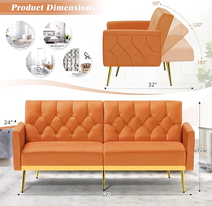 Velvet Sofa Bed w/Adjustable Armrests and Backrests Modern Convertible Sleeper Sofa Tufted Futon Sofa for Bedroom Living Room Apartment Orange