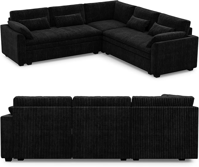 Belffin Large Modular Sectional Sofa with Double 61 Loveseat Corduroy Corner Couch with 9 Soft Dual-Layer Seats Cushion for Living Room Apartment Small Sapce Black