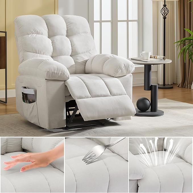 Ergonomic Oversized Recliner Rocking Chair with Massage Heat &amp Lumbar Support - Breathable Overstuffed Upholstery Side Pockets Remote Control for Living Room &amp Bedroom