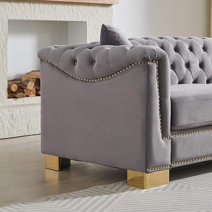 62 Chesterfield Loveseat 2 Seater Tufted Velvet Couch with Rolled Arms Mid Century Modern Love Seat with Nailhead Trim&ampRemovable Cushions&ampGold Legs Comfy Deep Seat Couches for Living Room