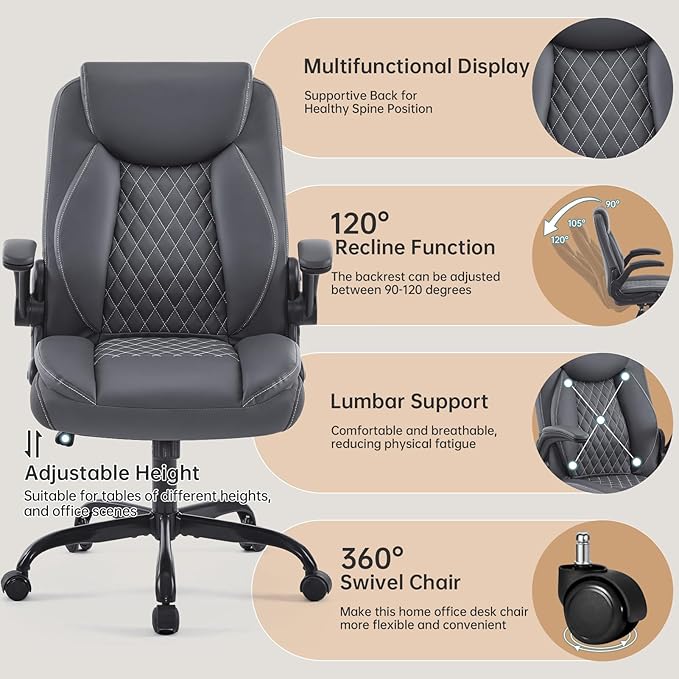 YFO Leather Office Chair Ergonomic Home Office Desk Chair Back Support Swivel Executive Office Chair with Wheels and Flip-Up Armrests Small Gaming Chair with Adjustable Rocking Function Grey