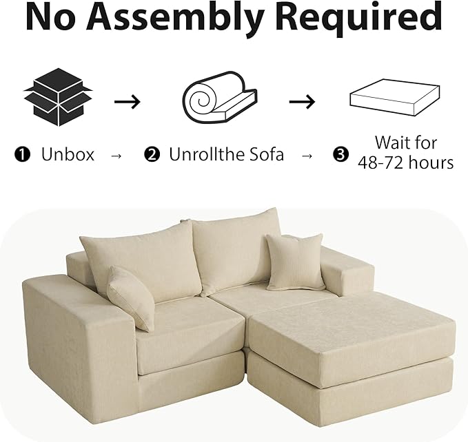 Modular Convertible Loveseat Sleeper Sofa Bed Chenille Upholstered Sectional Boneless Couch for Living Room L Shaped Foam Cloud Couch in Box Customizable Floor Sofa Bed (No Assembly Beige)