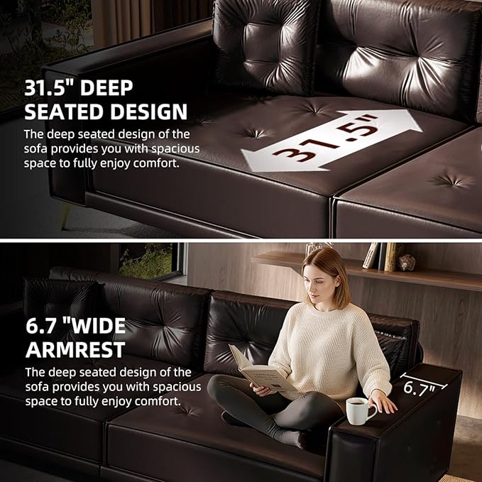 92.1 Chesterfield 3 Seater Pull Out Sofa Bed King Size with 2 Pillows and Golden Legs PU Leather 3-in-1 Convertible Sleeper Cloud Couch with Tufted Backrest Dark Brown