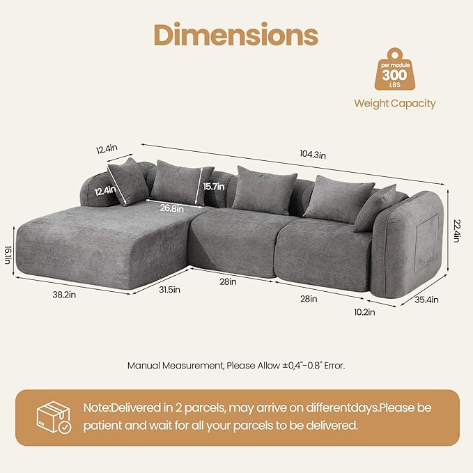 117’’ Chenille Fabric Boneless Couches for Living RoomModular Sectional Cloud Sofa |Fluffy Chenille Deep Seat No-Assembly Memory Foam Comfy Cloud Couch with L-Shaped Chaise (Grey)