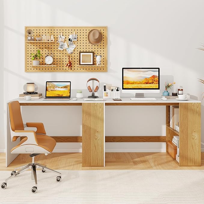 Giantex Small Desk with Bookshelf 44 Inch Modern Computer Desk for Small Spaces Laptop PC Desk Vanity Table for Bedroom Study Writing Desk for Home Office (White+Natural)