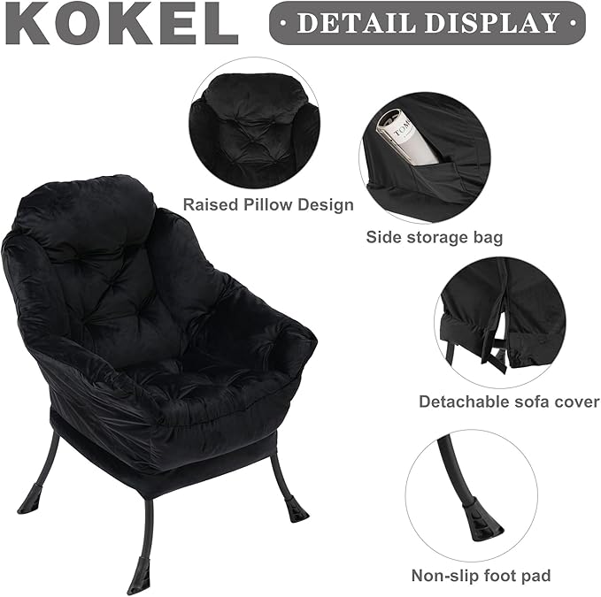Kokel Lazy Chair with Folding OttomanLiving Room Chairs Accent Contemporary Lounge Chair Single Steel Frame Leisure Sofa Chair with Armrests and A Side Pocket (Black)