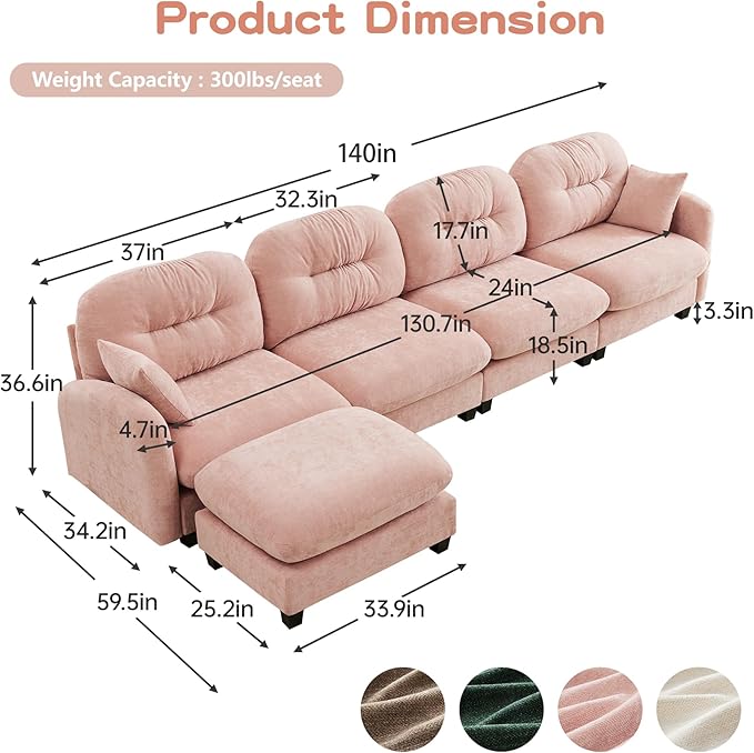 140'' Chenille Couch L-Shaped Sectional Sofa Ultra-Soft Comfort Memory Foam Cloud Couch with Pillows Sectional Couches for Living Room