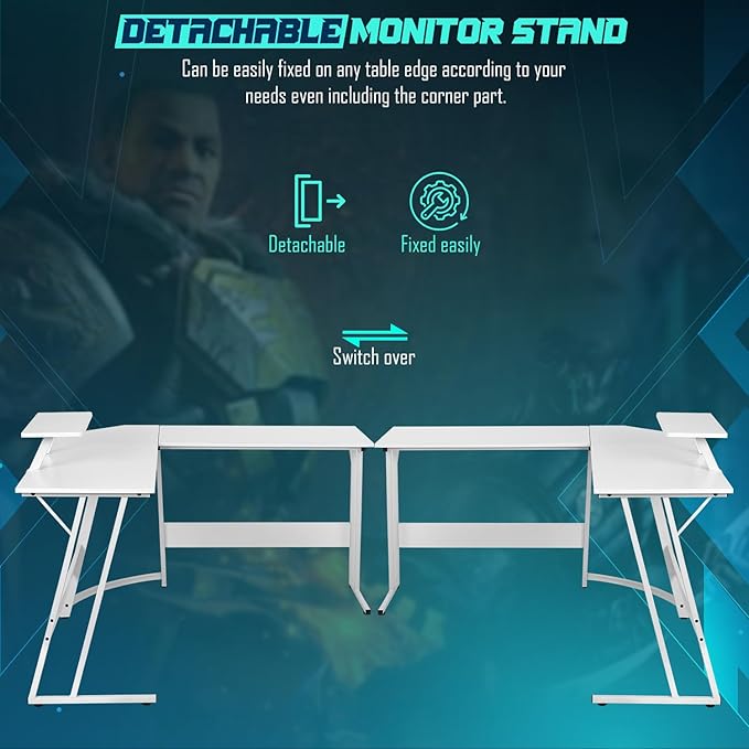 L Shaped Gaming Desk50.4 Computer Desk with Monitor Stand &amp Carbon Fiber SurfaceCorner Desk Gaming Table Home Office Study Writing WorkstationWhite
