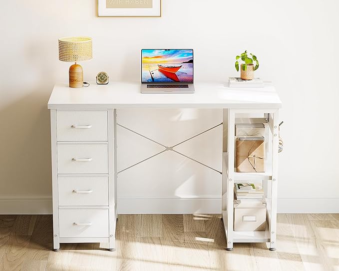 ODK 40 Inch Small White Computer Desk with 4 Fabric Drawers Modern Office Desk for Home Office Gaming with Storage Shelves Study White