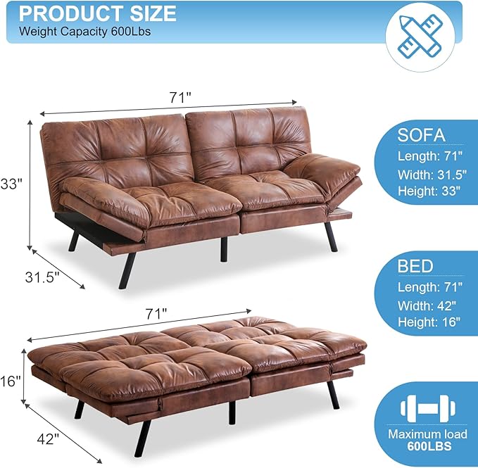 MUUEGM Futon Sofa Bed Couch Sofa Memory Foam Futon Sleeper Sofa Loveseat Convertible Couch Bed for Small Compact Spaces Apartment Brown