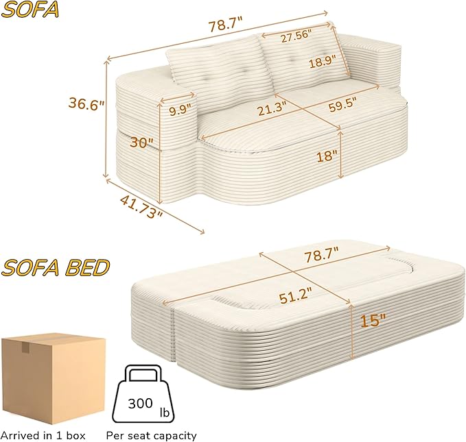 78.7 Full Size Memory Foam CouchPlush Corduroy SofaFloor Sofa Bed with Multi Functional Blanket2 in 1Convertible Folding Sofa Bed for Living Room OfficesNo Assembly Required (Beige)