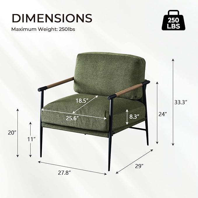 Accent Chair Mid Century Modern Armchair for Living RoomBedroomOfficeLounge Comfy Chenille Upholstered Soft Removable Washable Cushions and PillowsMetal Wood-Grain Armrest LegsGreen