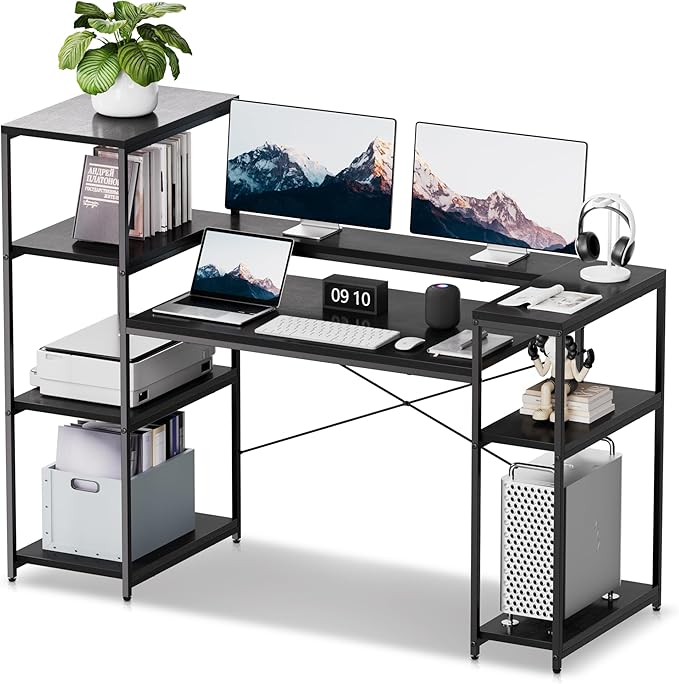 Computer Desk with Storage Shelves 63 Inch Office Desk with Monitor Stand Gaming Desk with CPU Stand for Study Writing PC Work Gaming Black