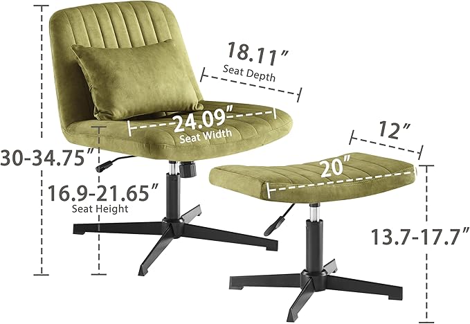 Art Leon Criss Cross Chair - with Ottoman and Pillow Armless Office Desk Chair No Wheels Modern Swivel Height Adjustable Mid Back Wide Seat Computer Task Vanity Chair for Home Office Green
