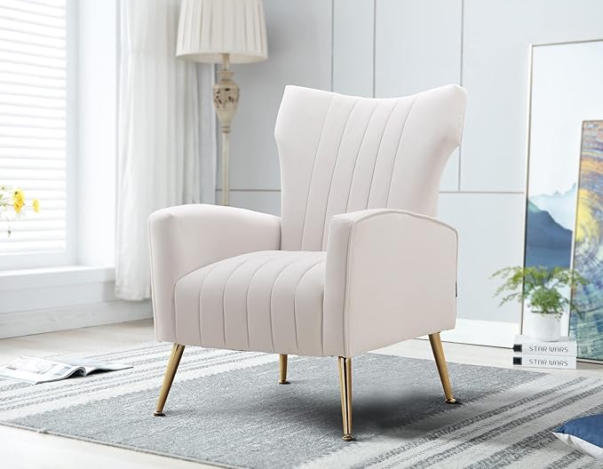 Artechworks Curved Tufted Accent Chair with Metal Gold Legs Velvet Upholstered Arm Club Leisure Modern Chair for Living Room Bedroom Patio White Cream
