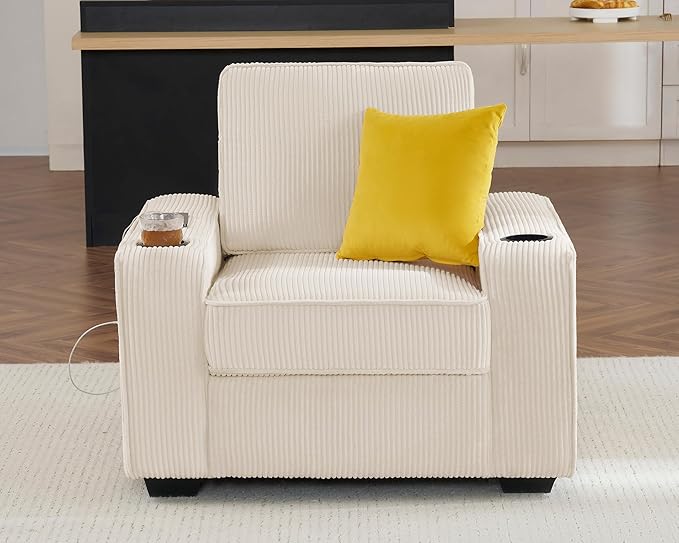 VanAcc Sofa Comfy Couch- Deep Seat Sofa Modern Couch with Cup Holders &amp USB Charging Ports Sofa Chair for Living Room(Beige Corduroy)