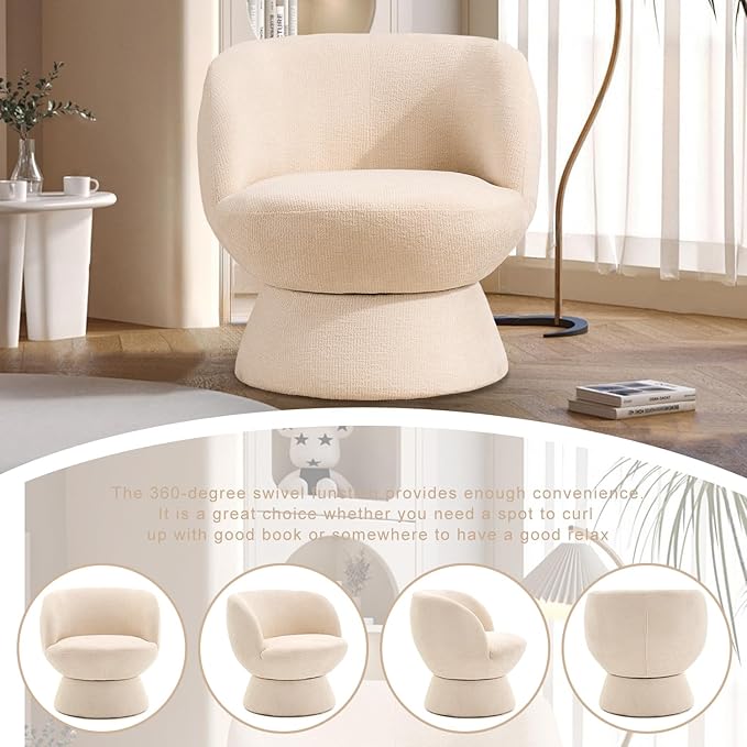 360° Swivel Boucle Bucket Chair Accent Barrel Makeup Vanity Chair Modern Lounge Single Sofa with Padded Armrest for Dining Room Living Room Bedroom and Home Office. (Beige)