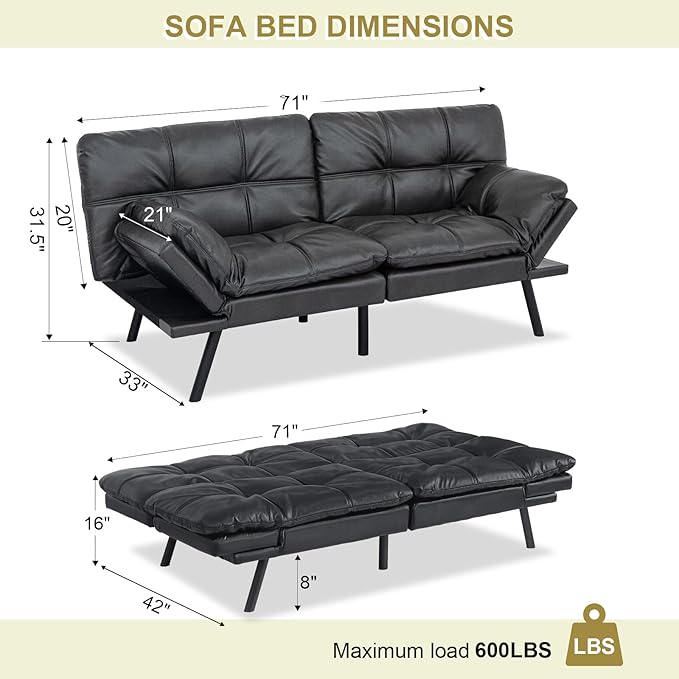 MUUEGM Convertible Futon Sofa Bed Memory Foam Futons Couch Bed 71 Adjustable Backrests and Armrests Sleeper Sofa Modern Love Seat Couch Bed for Living Room Small Space Office Matte Black