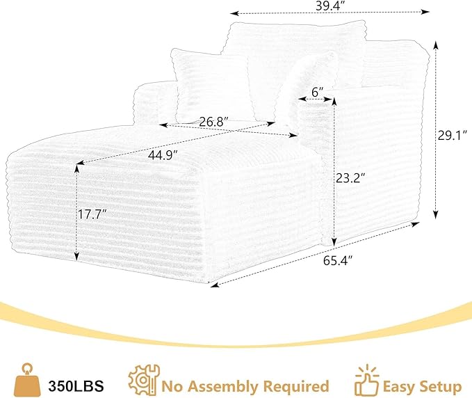 Oversized Chaise Lounge Chair Indoor Modern Corduroy Lounge Couch Comfy Upholstered Sleeper Sofa with Throw Pillows Fluffy Reading Chair Bed for Living Room Drak Gray