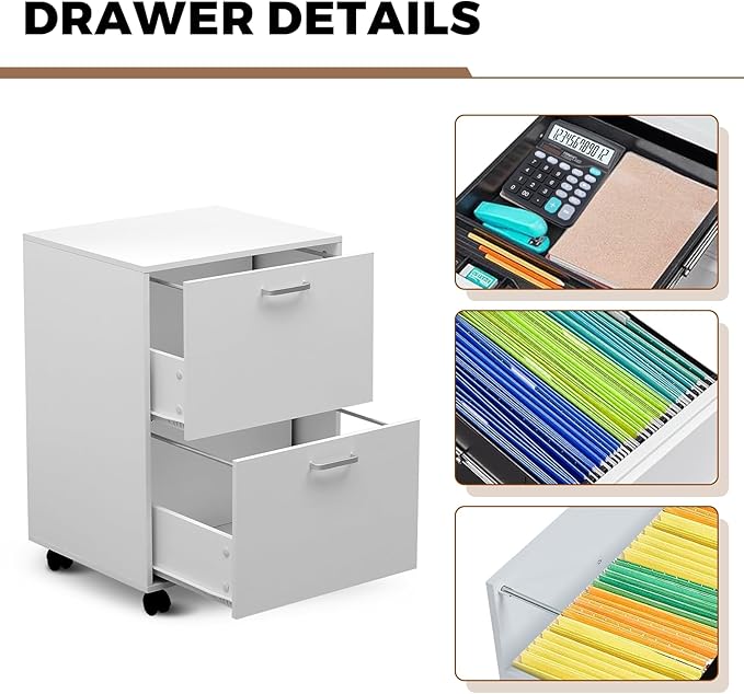 QDSSDECO 2 Drawer Mobile File Cabinet Rolling Vertical Filing Cabinet fits A4 Legal Paper and Letter Paper for Home Office White