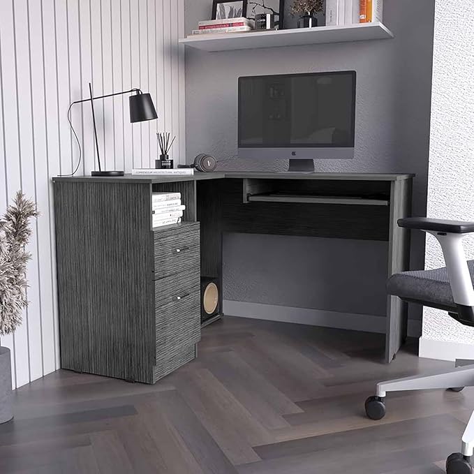 L-Shaped Corner Desk with Keyboard Shelf Smokey Oak Finish for Home Office Workspace