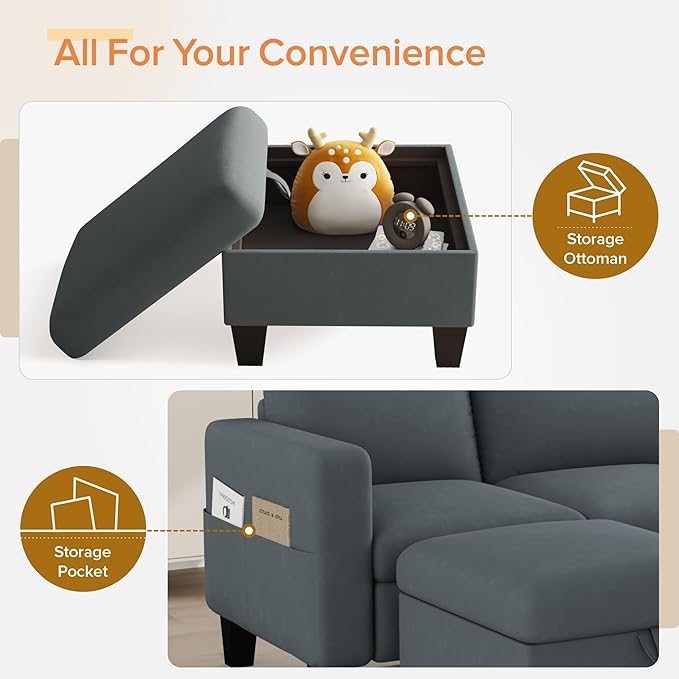 Sectional Sofa Couches for Living Room - 78''Convertible Modular Three-Seater L-Shaped Pet-Friendly CouchWashable Sofa Cover-Bench Storage Suitable for Small Living Room ApartmentOffice-Blue-Gray