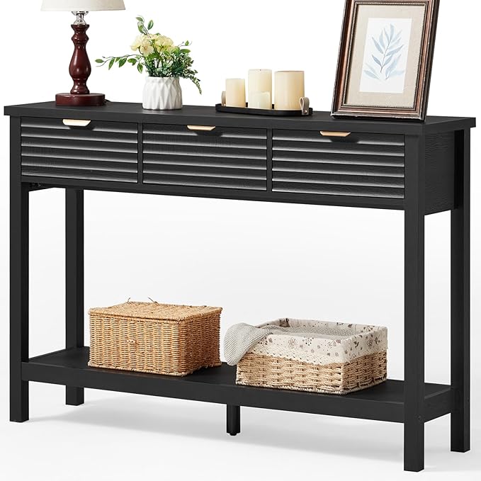 LEYAOYAO Fluted 47.2 Console Table with 3 Drawers Modern Wood 2 Tier Entryway Table with Open Storage Shelf Boho Sofa Entry Tables Behind Couch for Living Room Hallway Entrance Foyer Black Oak