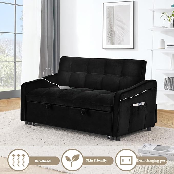 Sleeper Sofa Couch with Type C USB Port 3 in 1 Modern Velvet Convertible Loveseat Sofa w/Pull Out Bed Curved Armrest for Small Space Livingroom Apartment Office Black