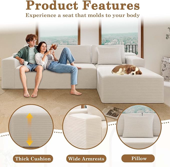 104 White Boneless Couch with Chaise Sectional Couches for Living Room L Shaped Couch 4 Seat SofaCompression Sofa for Bedroom Comfy No Assembly Corduroy(White Right)