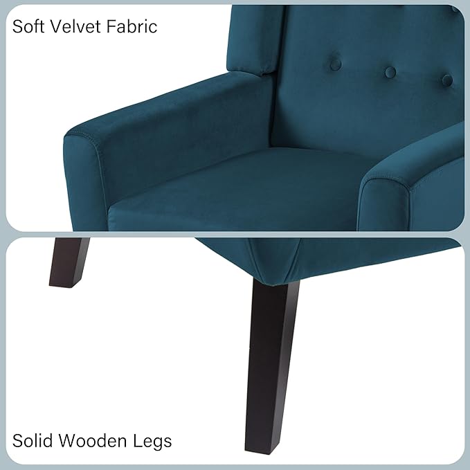 Accent Chair Mid-Century Modern Velvet Fabric Chairs with Arms for Living Room Comfy Upholstered Club Single Sofa Armchair for Bedroom Waiting Room with Solid Wood Frame (Velvet Blue Set of 1)